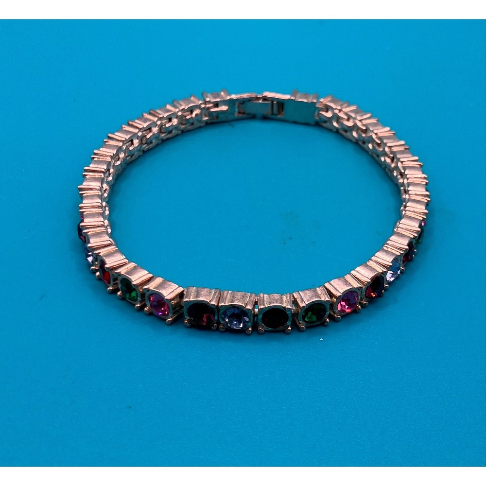 Sterling Silver Tennis Bracelet Womens 7.25" Multi-Color Rhinestone 925